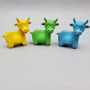 Diener Squishy Rubber Eraser Figure GreenBlueYellow Cow Itty Bittys Charm Animal
